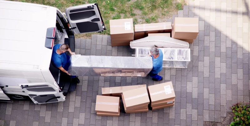 Umzugshelfer tragen verpacktes Möbelstück in Transporter – Privatumzug Detmold